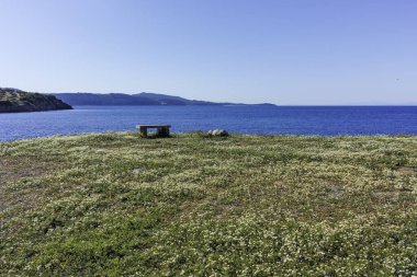 Kassandra 'nın Xina, Chalkidiki, Orta Makedonya ve Yunanistan köyü yakınlarındaki kıyı şeridinin inanılmaz manzarası