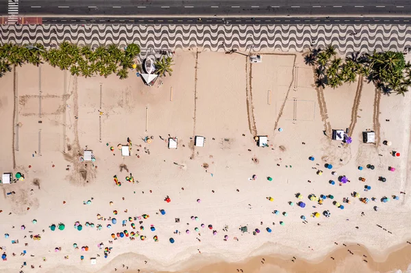 Aerial Top View Copacabana Beach People Relaxing Beach Palm Trees — Stock Photo, Image