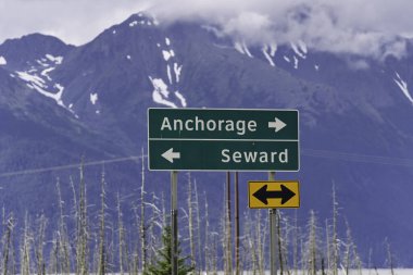 Seward, Alaska yakınlarında dağ manzaralı yol tabelası