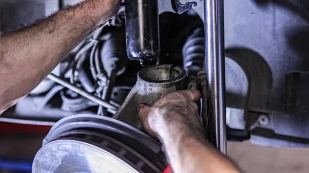 Mechanic Hands Detail Maintenance Car Suspension — Stock Video