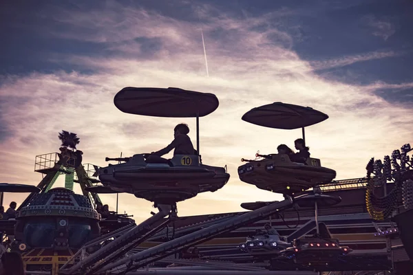 Rovigo Italia Octubre 2022 Carousel Fairground Plane Sunset Silhouette —  Fotos de Stock