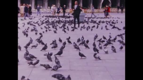 1971年意大利威尼斯 鸽子和游客在70年代的场景 — 图库视频影像