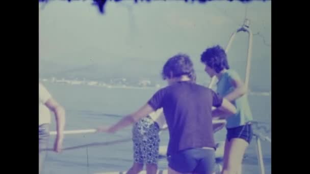 Olbia Italy June 1966 People Vacation Sailboat Scene 60S — Stock Video