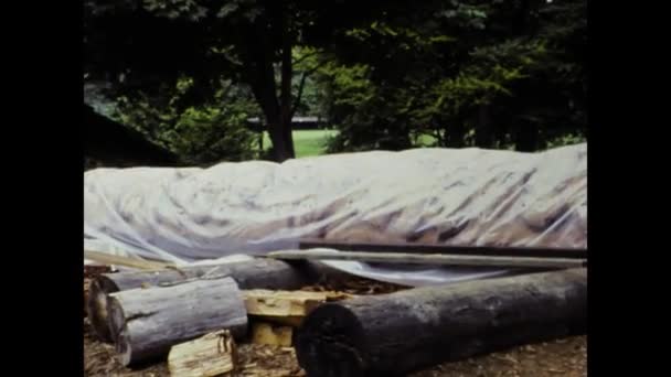 Ванкувер Канада Июль 1987 Деревянные Бревна Сложенные Рядом Дорожной Сценой — стоковое видео
