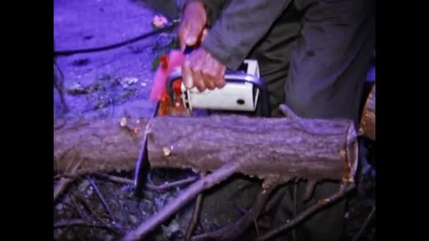Washington United States August 1975 Man Cuts Tree Chainsaw Scene — Video