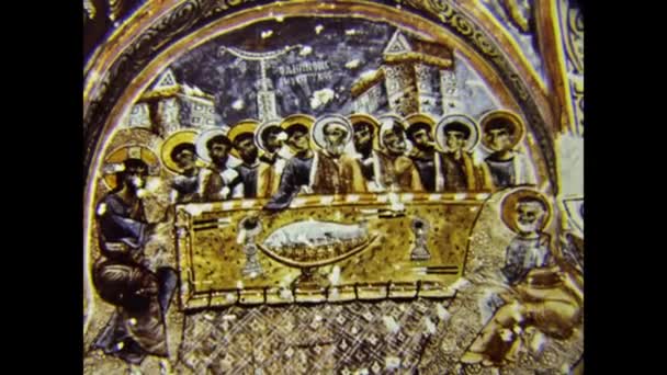Goreme Turkey June 1985 Ancient Christian Frescoes Detail 80S — Stock Video
