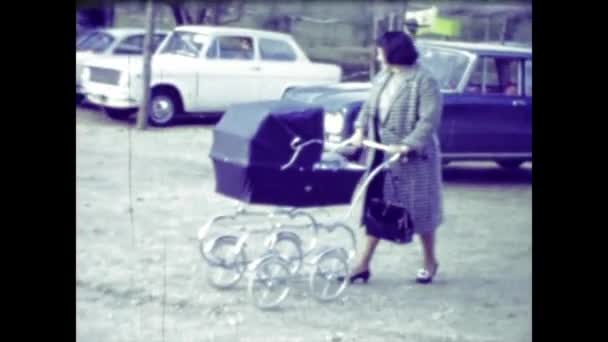 Rimini Italy June 1958 Woman Pushes Pram Baby Memories Scene — Vídeos de Stock