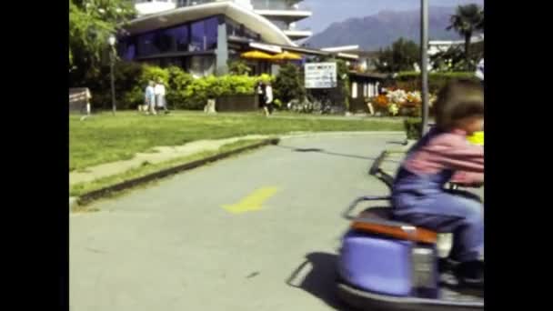Ascona Switzerland May 1984 Children Car Rides Toy Cars Scene — Stock Video