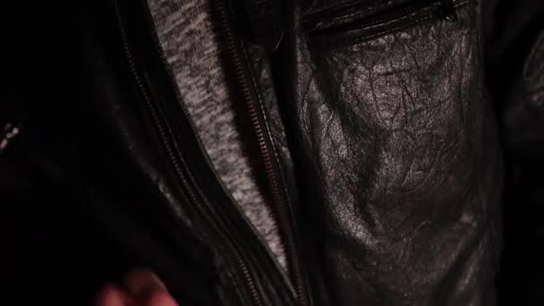 Young Man Zips Black Leather Jacket Showe Style Confidence Face — Stockvideo