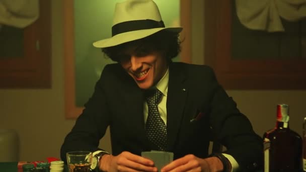 Poker Player Cards Hand Lays Them Table Evil Smile — Video