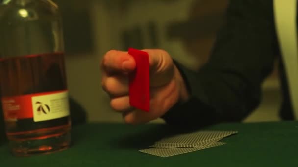 Hands Poker Player Flips Chip His Hand Poker Cards Placed — Vídeos de Stock