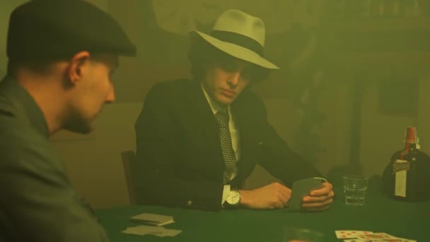 Defeated Poker Player Stares His Cards Drops Them Table — Vídeo de stock