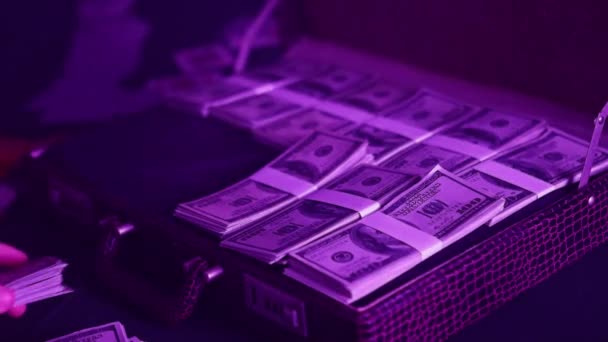 Hands Man Place Stacks Dollars Briefcase Preparing Poker Game — Stok video
