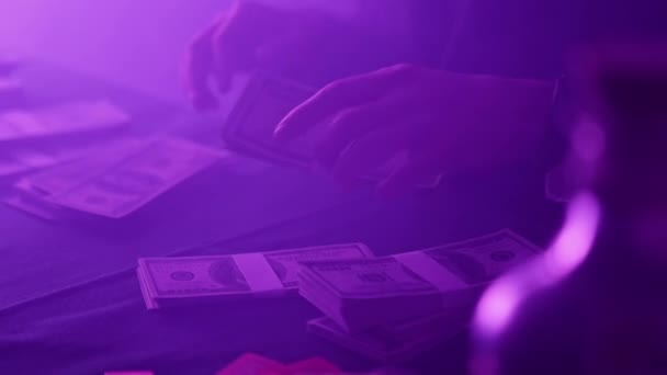Hands Man Packs Money Dimly Lit Nightclub Puts Briefcase Gambling — Stock video