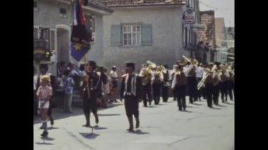 Berlin, Germany june 1975: A historic video showcasing a Carnival parade in a European town in the 1970s, capturing the vibrant celebration of tradition and culture in this region