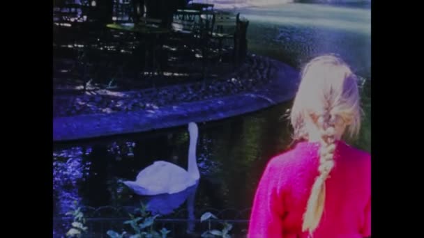 Pakostane Croatia May 1968 Nostalgic Footage Children Admiring Swans Pond — Stock video