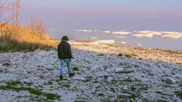 Nagranie Chłopca Chodzącego Samotnie Skalistej Plaży Kierunku Morza — Wideo stockowe