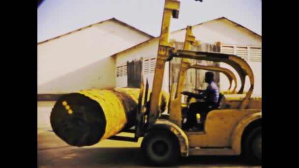 1975年 昭和50年 6月コンゴ キンシャサ港貨物船に重木材を積み込む複雑な工程を見る — ストック動画