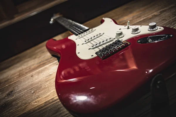 Detailed Close Shot Red White Electric Guitar Perfect Rock Roll — Stock Photo, Image