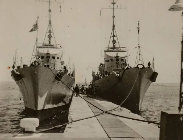 stock image Rome, Italy may 1951: An Italian torpedo boat is moored in the harbor, capturing the strength and power of the Italian naval fleet during the 1950s.