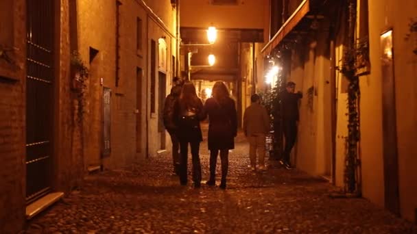 イタリア フェラーラ2023年4月11日 夜の街の暗い路地を一人で歩き 自分の考えで失われ 都市環境に囲まれた — ストック動画