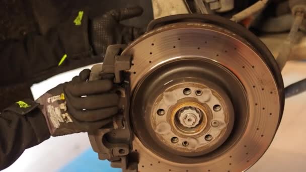 Milan Italy April 2023 Skilled Mechanic Expertly Replaces Brake Pads — Stock Video