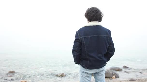 Impressionante Tiro Jovem Profundo Pensamento Olhando Para Lago Pitoresco Envolto — Vídeo de Stock
