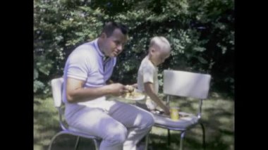 City Lake, Amerika Birleşik Devletleri Haziran 1969: 1960 'lardaki piknik için bahçelerinde toplanan mutlu bir ailenin klasik görüntüleri.