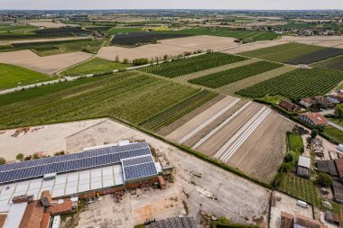 Nefes kesici hava manzarası İtalya 'nın verimli Po Valley kırsalının canlı, yeşil manzaralarını gözler önüne seriyor.