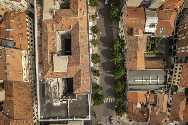 A striking aerial perspective showcasing the bustling Corso del Popolo, the vibrant heart of Rovigo city, Italy.