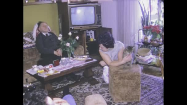 1975年5月イタリア ローマ 居心地の良い家で猫の心温まる瞬間を目撃する1970年代の魅力を体験する — ストック動画