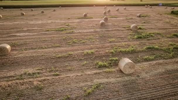 活気に満ちたオレンジ色の日没の間に田舎の田舎で干し草のバレルの息をのむような空中映像 — ストック動画