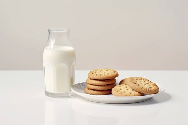 Beyaz arka planda bisküviler ve bir bardak sütün yer aldığı davetkar bir sabah sahnesi, kahvaltı kavramları için mükemmel..