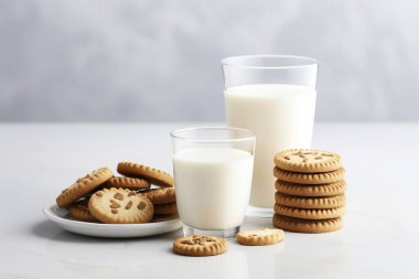 Beyaz arka planda bisküviler ve bir bardak sütün yer aldığı davetkar bir sabah sahnesi, kahvaltı kavramları için mükemmel..