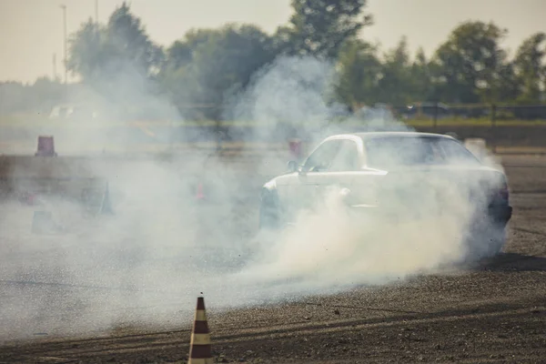 High Octane Car Drift Race Captured Amidst Swirling Smoke Showcasing — Stock Photo, Image