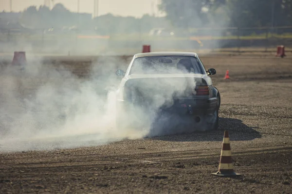 High Octane Car Drift Race Captured Amidst Swirling Smoke Showcasing — Stock Photo, Image