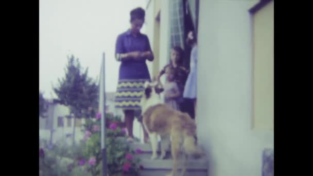 1972年6月 意大利罗马 20世纪70年代的古老镜头展示了一个家庭和他们心爱的狗Lassie在一起的珍贵时刻 — 图库视频影像