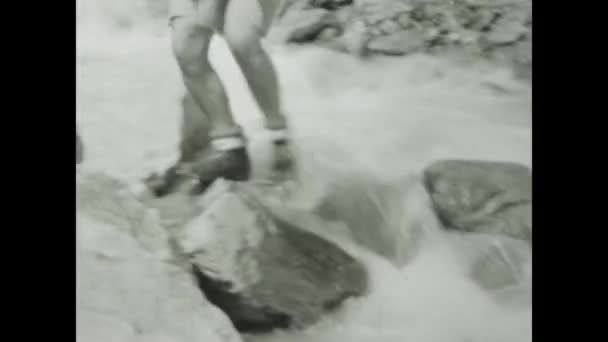 Dolomites Italy June 1955 Human Legs Cross Mountain Stream 50S Stock Video