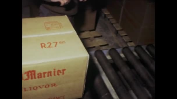 1975年 法国巴黎 20世纪70年代的工厂场景 纸板箱沿着包装传送带移动 象征着工业效率 — 图库视频影像