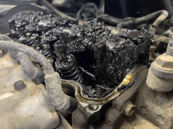 Car engine caked with residues and tar, a symbol of poor maintenance needing repair.