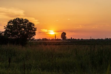 A peaceful sunset over the countryside with silhouetted trees and a colorful sky. clipart