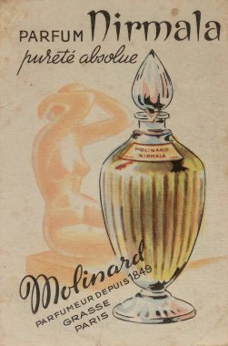 Rome, Italy may 1965: Vintage molinard nirmala perfume advertisement from the mid 20th century, featuring an elegant woman silhouette and highlighting the puret absolue of the fragrance clipart