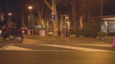 Rovigo, İtalya 1 Ocak 2025: Motosikletliler gece ağaçlı bir caddede yaya geçidinde arabaların ve bisikletçilerin geçişi sırasında