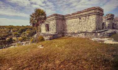 Antik Maya kalıntıları, Tulum, Meksika 'nın popüler bir turizm beldesi olan tropikal bitki örtüsüne bakan çimenli bir tepenin üzerinde duruyor.