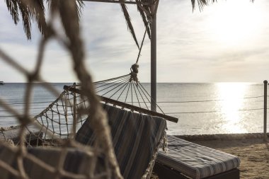 Bir hamağın ve bir palmiye ağacının altında gün batımında sakin kızıl denizi gören bir hamağın rahatlatıcı manzarası. Marsa alam, Mısır 'da huzur ve huzuru davet ediyor.