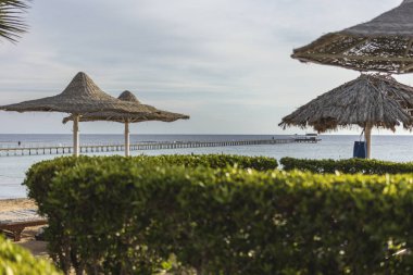 Saman şemsiyeli sakin bir sahil manzarası ve Marsa Alam, Mısır 'da sakin denize uzanan uzun bir iskele.