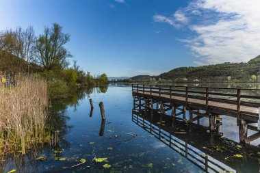Fimon Gölü 'nün sakin sularına uzanan ahşap iskele, Veneto, İtalya' daki yemyeşil bitki örtüsüyle çevrili mavi gökyüzünün sakin yüzeyine yansıyor.