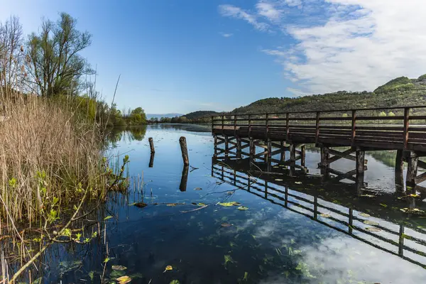 Fimon Gölü 'nün sakin sularına uzanan ahşap iskele, mavi gökyüzünü yansıtıyor ve yemyeşil bitki örtüsüyle çevrili, sakin ve resimsel bir manzara yaratıyor.