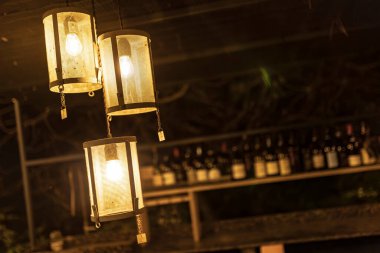 Asılı lambalardan gelen yumuşak ışık, sıcak ve davetkar bir atmosfer yaratarak, sıcak bir kiler barındaki raflarda sergilenen şarap şişelerini aydınlatır.