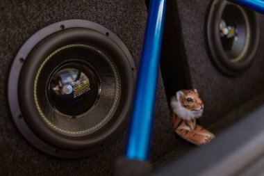 Milan, İtalya, 4 Haziran 2025, önde gelen bir bassface subwoofer, mavi bir kafes ve lüks bir kaplan maskotu içeren araba ses subwoofer sistemi, ses deneyimini arttırıyor.